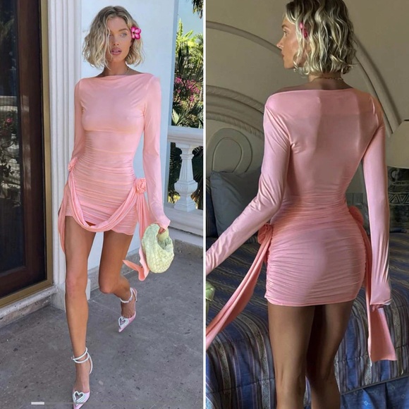 Lioness Revolve Glory Long Sleeve Knit Florette Rose Mini Dress in Blush size XL - Picture 1 of 5